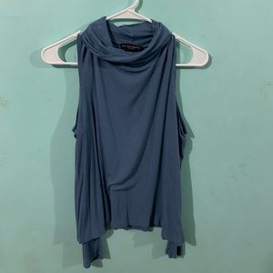 Blue Turtle Neck Long Sleeve Shoulder-less Top